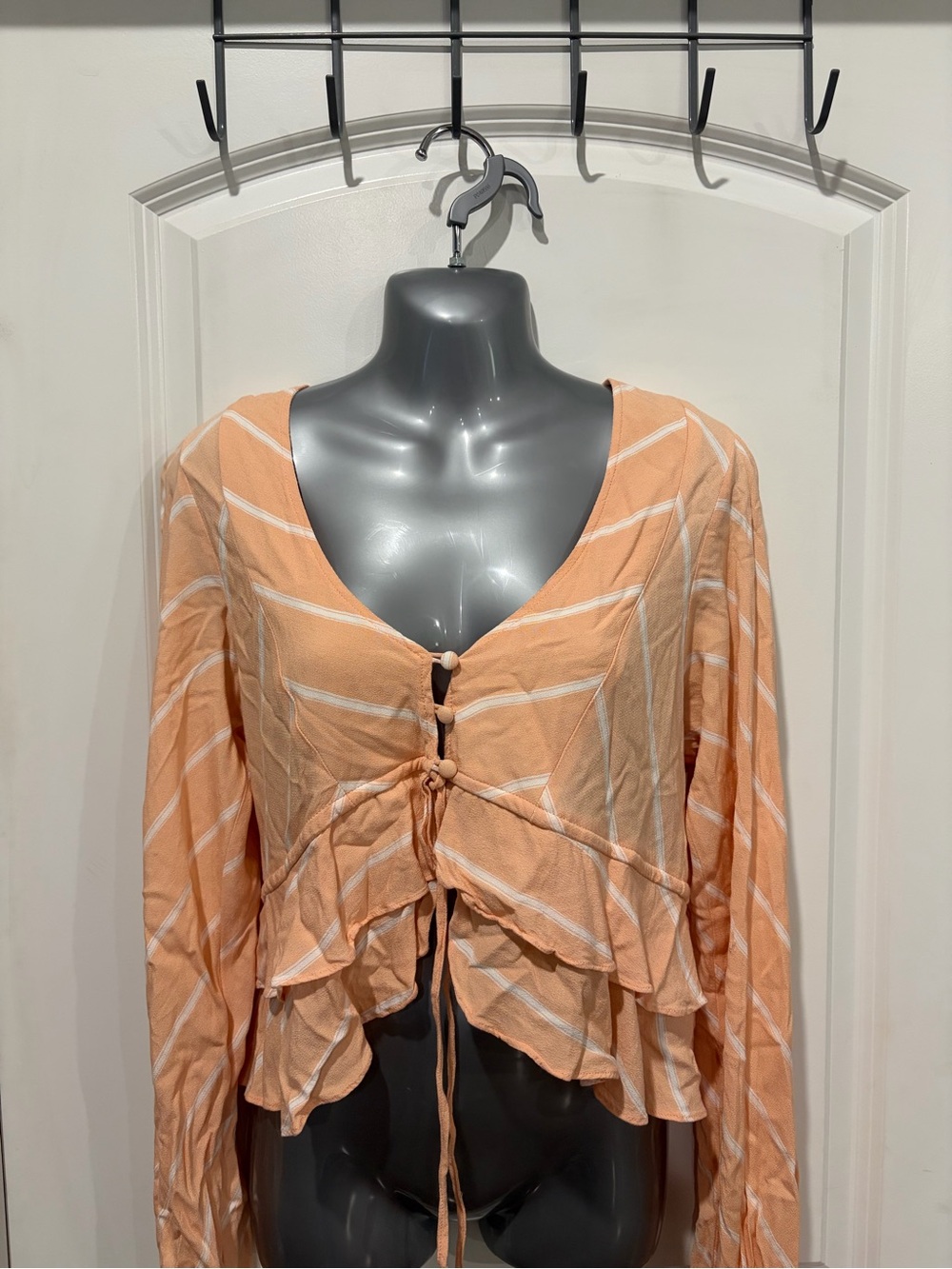 Free People Peach Striped Tie-Front Ruffle Blouse